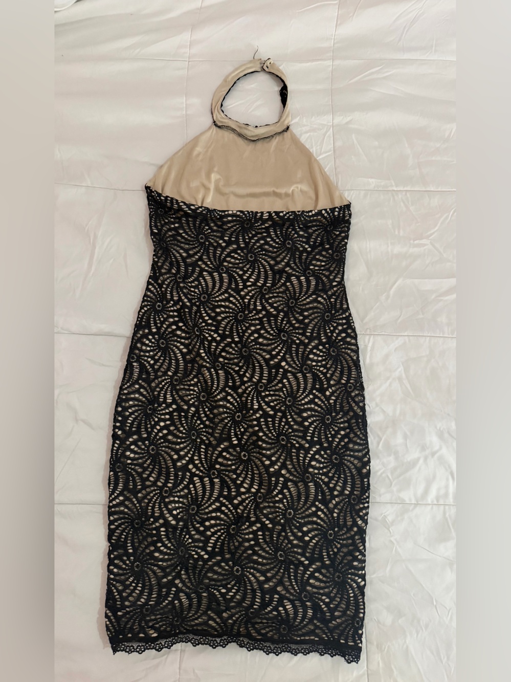 Black Lace Halter Neck Mini Dress with Nude Lining.